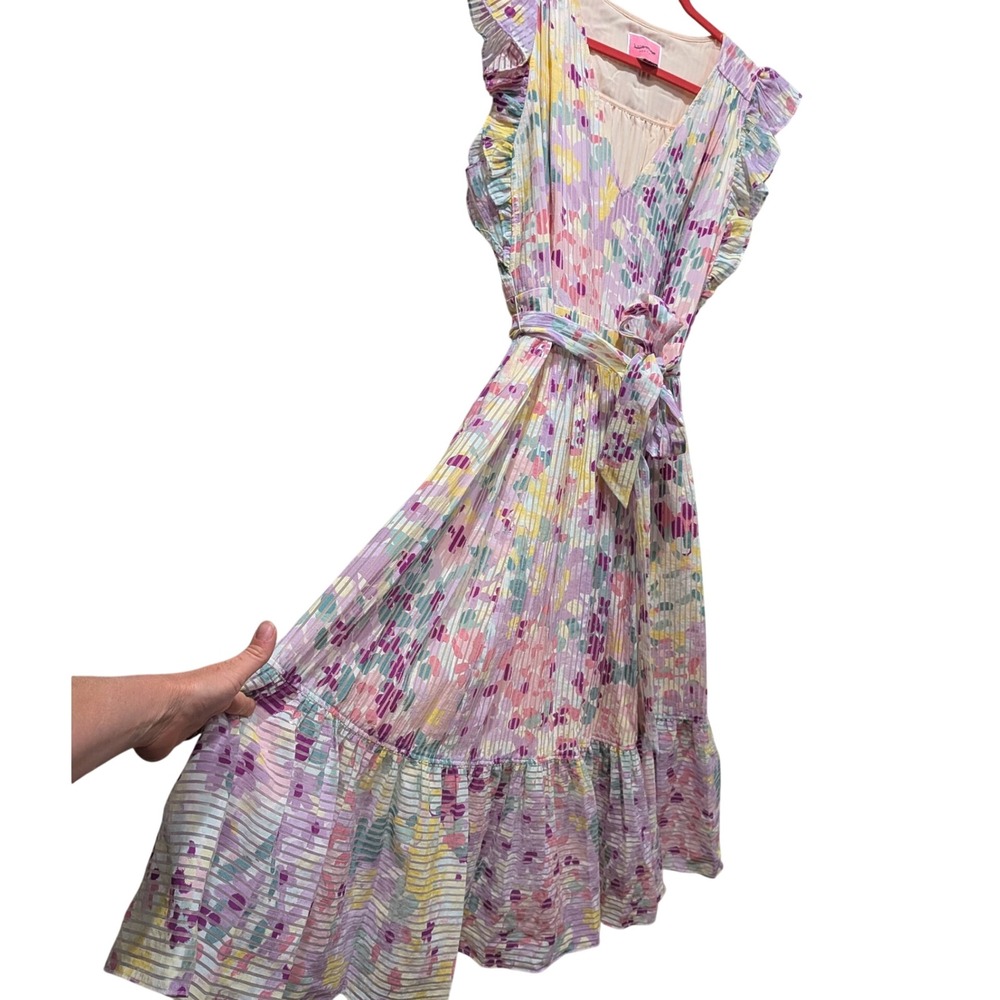Kate Spade Womens Dress 16 Pastel Floral Ruffle Midi Belted Wedding Garden Party - Picture 2 of 13